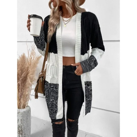 SOLD OUT Marled Black White Colorblock Cable Knit Open Duster Cardigan Sweater - Picture 2 of 4